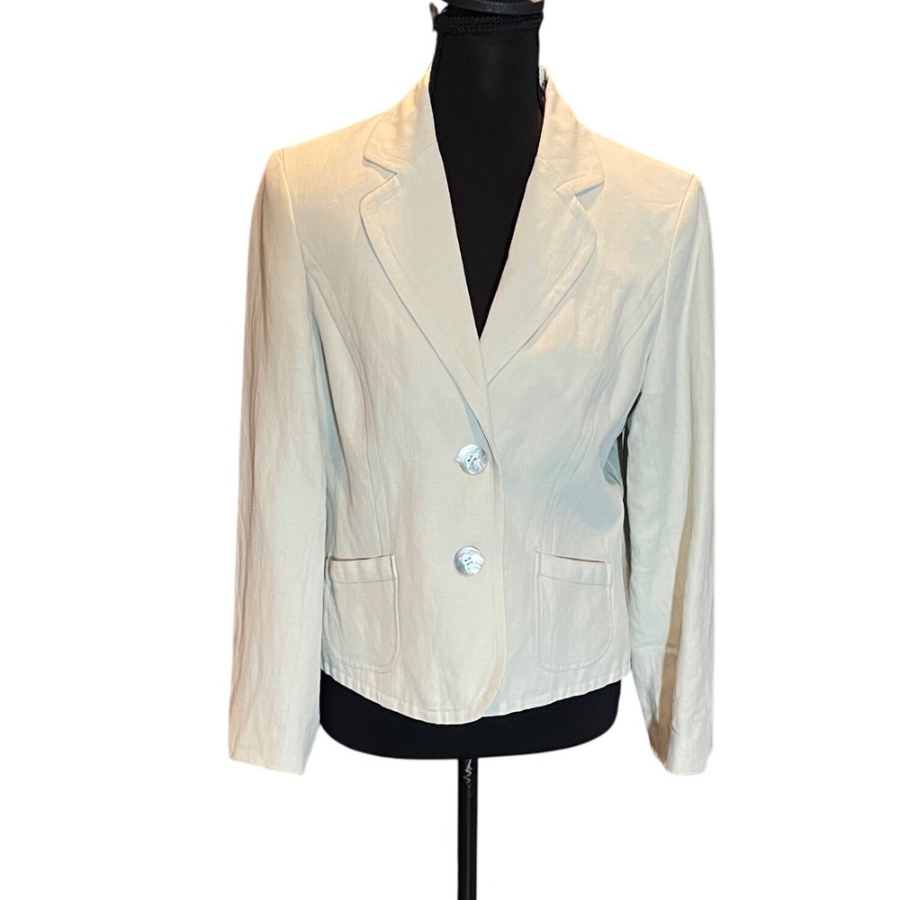 Jones Wear Petite Minty Beige Silk Linen Blend Two Button Blazer 8P Clean Girl
